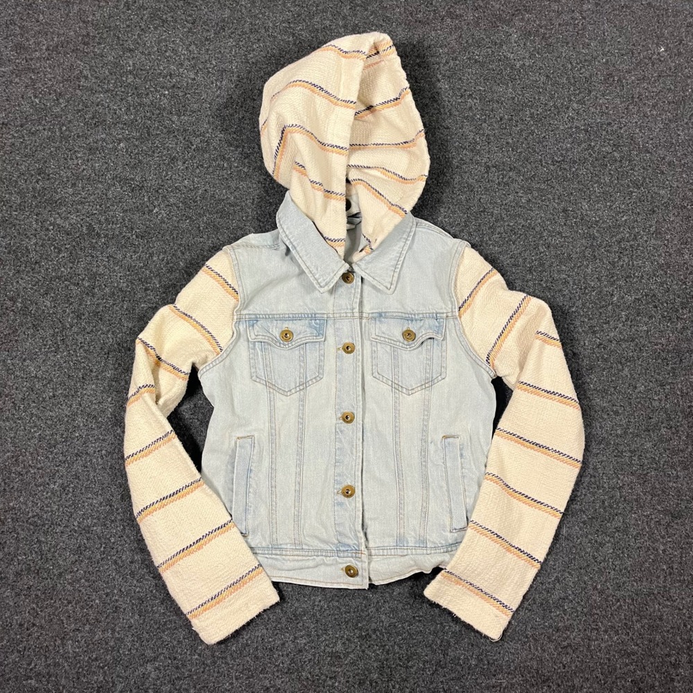 Billabong‎ Womens Denim Jacket Light Wash Knit Striped Sleeves Hooded Sz S